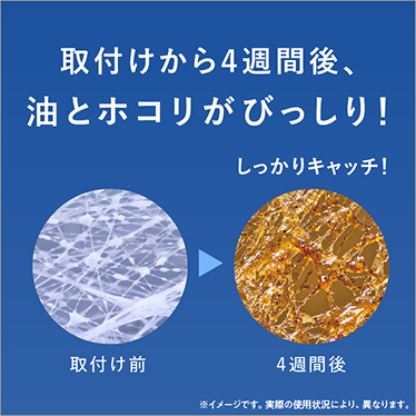 取付けから4週間後、油とホコリがびっしり！