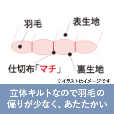立体キルトなので羽毛の偏りが少なく、あたたかい