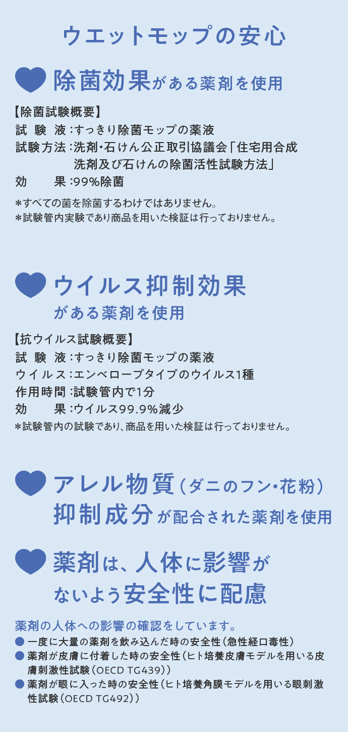 ウエットモップの安心は「除菌効果がある薬剤を使用」「ウイルス抑制効果がある薬剤を使用」「花粉などのアレル物質抑制成分が配合された薬剤を使用」「薬剤は、人体に影響がないよう安全性に配慮」などが挙げられます