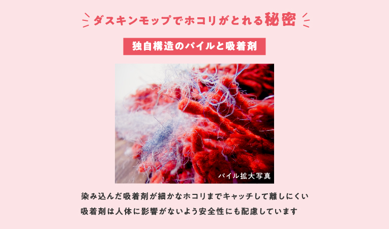 ダスキンモップでホコリがとれる秘密　独自構造のパイルと吸着剤　染み込んだ吸着剤が細かなホコリまでキャッチして離しにくい　吸着剤は人体に影響がないよう安全性にも配慮しています