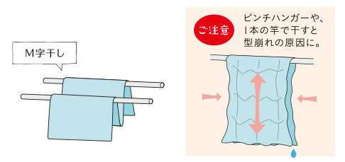 M字干し　※ご注意：ピンチハンガーや、1本の竿で干すと型崩れの原因に。