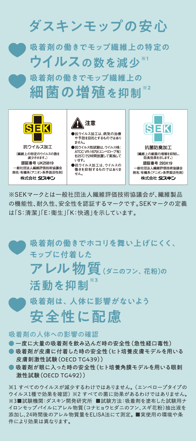 ダスキンモップの安心は「ウイルスの数を減少」「細菌の増殖を抑制」「花粉などのアレル物質の活動を抑制」「吸着剤の安全性に配慮」などが挙げられます