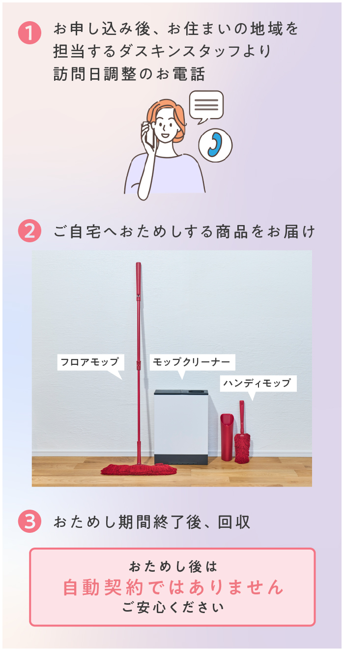 ①お申し込み後、お住まいの地域を担当するダスキンスタッフより訪問日調整のお電話／②ご自宅へおためしする商品をお届け／③おためし期間終了後、無料回収／おためし後は自動契約ではありません。ご安心ください。