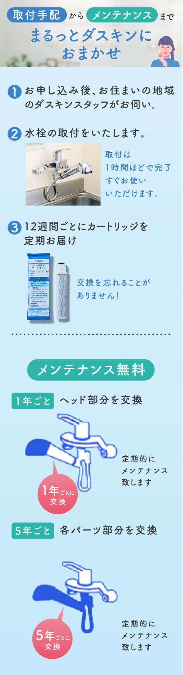 取付手配からメンテナンスまでまるっとダスキンにおまかせ