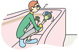 水で湿らせたスポンジに浴室用洗剤をスプレーし、円を描くように洗剤をなじませ、全体をこすります。