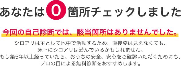 あなたは0箇所チェックしました 今回の自己診断では、該当箇所はありませんでした。シロアリは主として地中で活動するため、直接姿は見えなくても、床下にシロアリは潜んでいるかもしれません。もし築5年以上経っていたら、おうちの安全、安心をご確認いただくためにも、プロの目による無料診断をおすすめします。