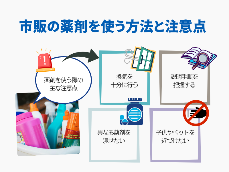 市販の薬剤を使う方法と注意点 換気を十分に行う 説明手順を把握する 異なる薬剤を混ぜない 子供やペットを近づけない